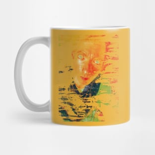 Portrait, digital collage and special processing. Man looking on us. Eyes. Smudged shapes. Yellow. Mug